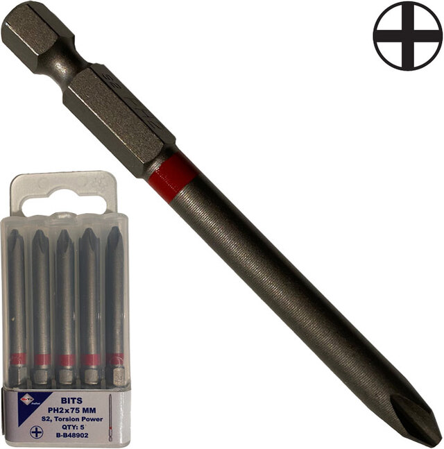 Bits PH2 x 75 mm  Pk á 5 stk . 