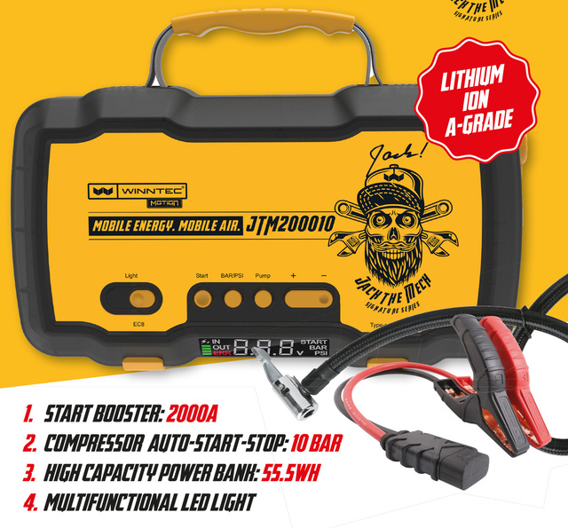 Startbooster 12V Multifunksjon m/Kompressor og led lys 