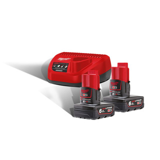 Batteripakke 12V 6Ah 2 stk +Lader Milwaukee M12 NRG-602