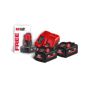 Batteriepakke 18V 8Ah 2stk + Lader Milwaukee M18 HNRG-802