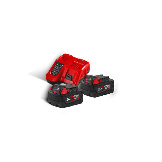 Batteripakke 18V 5Ah 2stk + Lader Milwaukee M18 NRG-502 