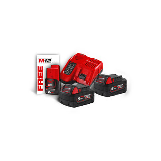 Batteripakke 18V 5Ah 2stk + Lader Milwaukee M18 NRG-502