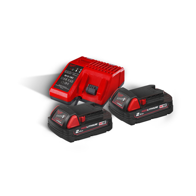 Batteripakke 18V 2Ah 2stk + Lader Milwaukee M18 NRG-202 
