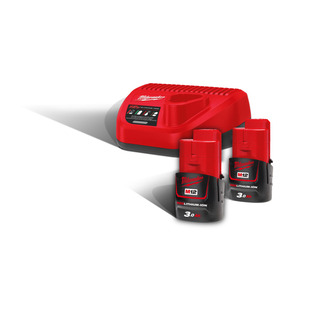 Batteripakke 12V 3Ah 2 stk + Lader Milwaukee M12 NRG-302