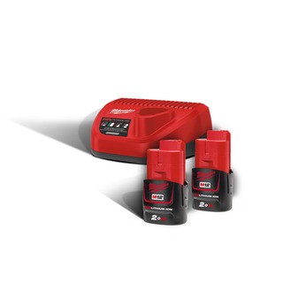 Batteripakke 12V 2Ah 2stk + Lader Milwaukee M12 NRG-202